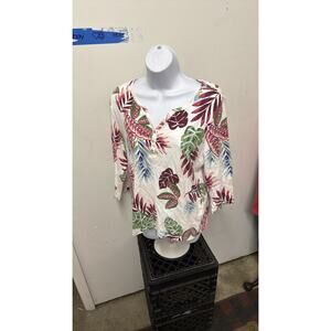 Karen Scott Rio Palm Floral 3/4-Sleeve Henley White Multicolor